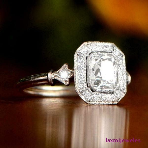 14K Gold Over 1.75Ct Emerald Cut Lab Created Diamond Vintage Ring Halo Art Deco