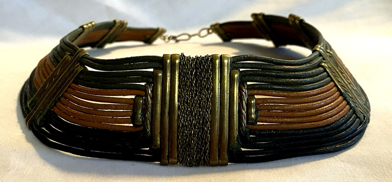 VTG Alexis Kirk 70’s Egyptian Style Tribal Leather & Metal Necklace & Bracelet gallery