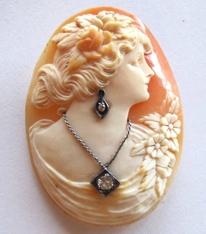 Antique Cameo Large 2″ Carved Loose Shell & Habille Diamond Necklace & Earring