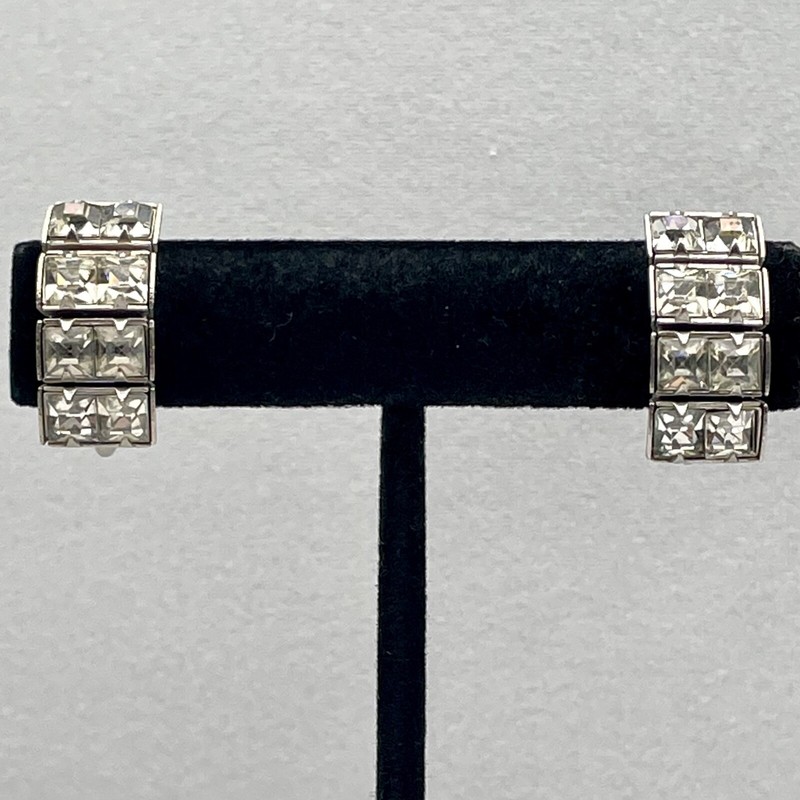 Vtg Rhinestone Earrings Deco Revival 40s-50s Channel Set Silver Tone Screw Back