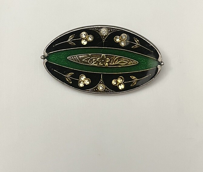 Vintage Silver Brooch Floral Deco Resin Glass Enamel Guilloche Caviar Pin