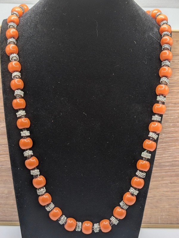 Vintage Orange and Silver Beaded Necklace 30in Fashion Jewelry