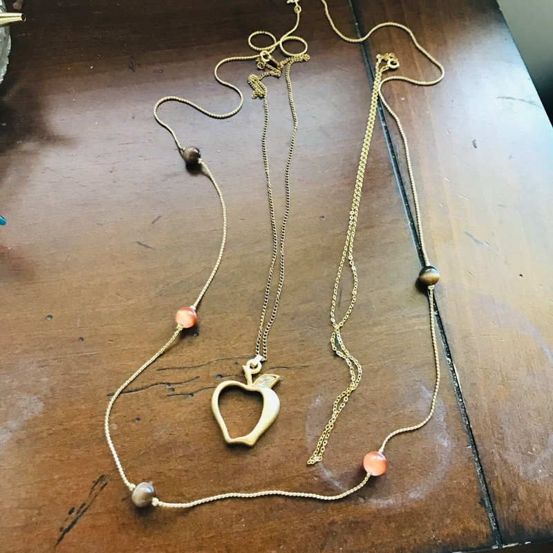 3 Statement Long Chain Gold Tone Beads Necklaces Layering Stacking Jewelry