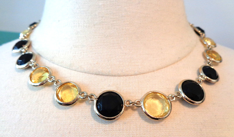 ANNE KLEIN Signed, Gold Tone, Acrylic Black/Yellow Rhinestones, Choker Necklace.