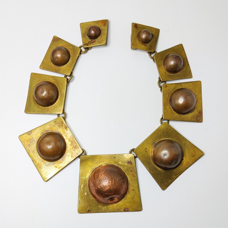 Vintage Hubert Harmon Plate Brutalist Necklace Casa Maya Mexico Copper Brass