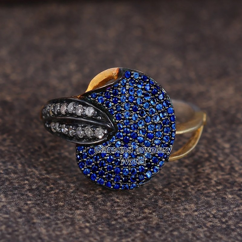0.77ctw Rose Cut Diamond Sapphire Studded Silver Victorian Gorgeous Ring Jewelry