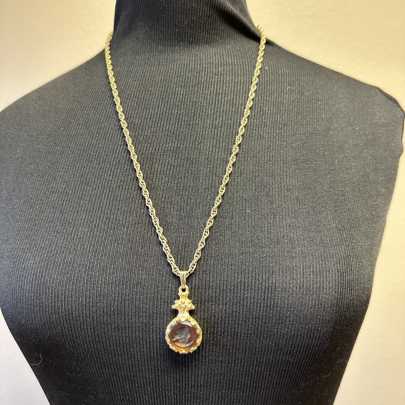 VTG 1950'S GOLDETTE NY BROWN GLASS INTAGLIO CAMEO PENDANT NECKLACE VICTORIAN gallery