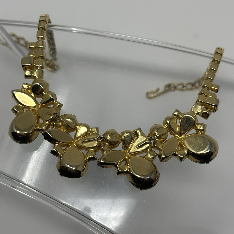 Vintage Czech Crystal Collar Necklace Green Yellow Imitation Pearl Statement 17” gallery