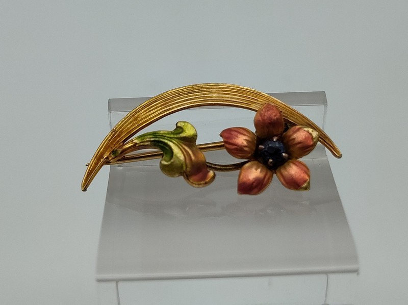 Antique Flower Crescent Blue Stone 10K Y. Gold Enamel Orange Green Brooch Pin