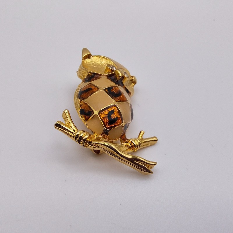 Vintage Owl Brooch Gold Tone Brown Tan Harlequin Enamel Rhinestone Eyes Retro gallery