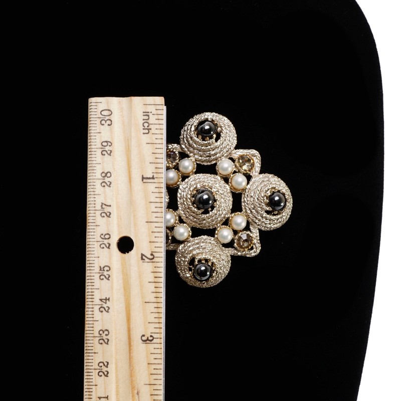Large Silver Tone Lapel Brooch w Pyrite, Gray Crystals and Faux Pearls 2 1/4" gallery