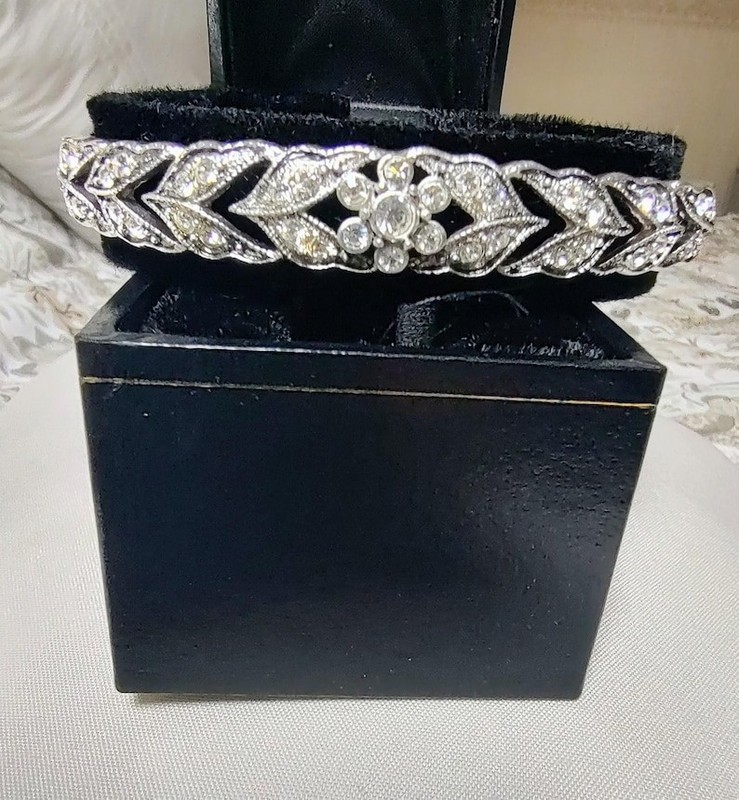 Vintage rhodium plated rhinestone hinged bangle bracelet in original box. gallery