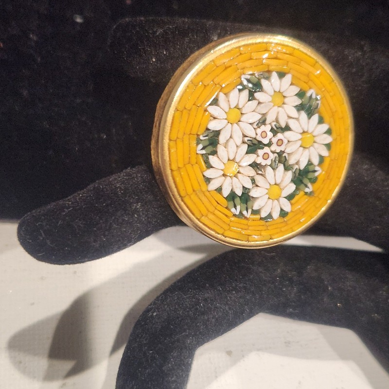 Vintage Italian Micro Mosaic Floral Brooch Yellow Daisy Pin Made in Italy Round gallery