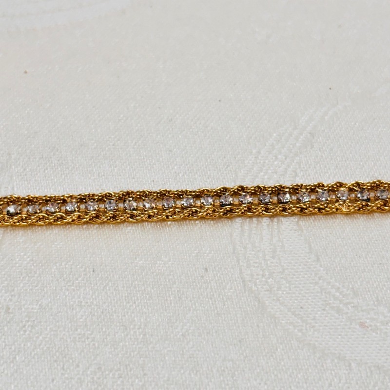 BRACELET vintage rhinestone goldtone metal rope edged fold over clasp 6 3/4" c gallery