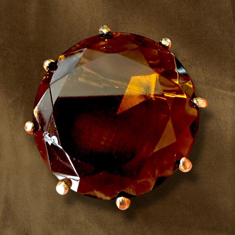 Amber Glass Brooch Large Faceted Round Gold Tone Vintage 1940s Pin Czech