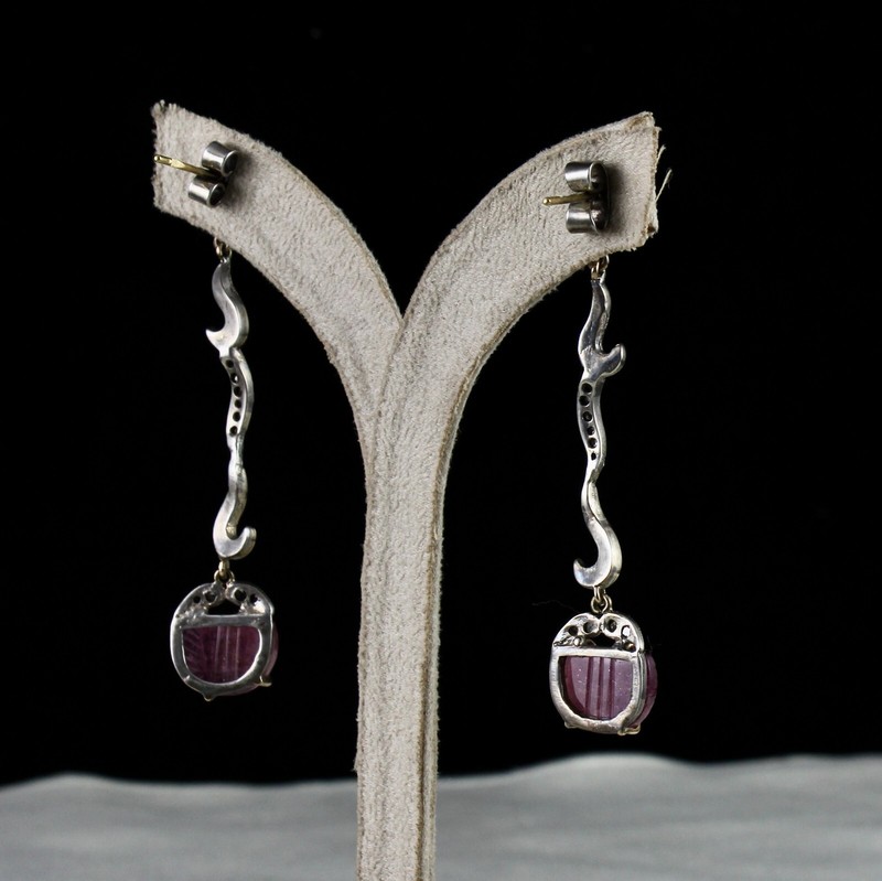 Vintage 10.00ct Natural Pink Tourmaline Carved Diamond 18k Gold Earrings gallery