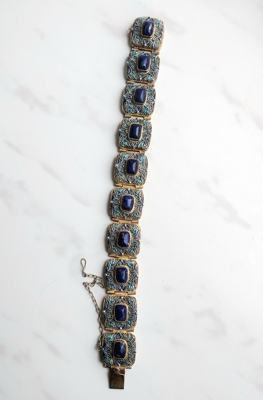 Antique Chinese Export Silver Gilt Filigree Enamel Lapis Lazuli Link Bracelet