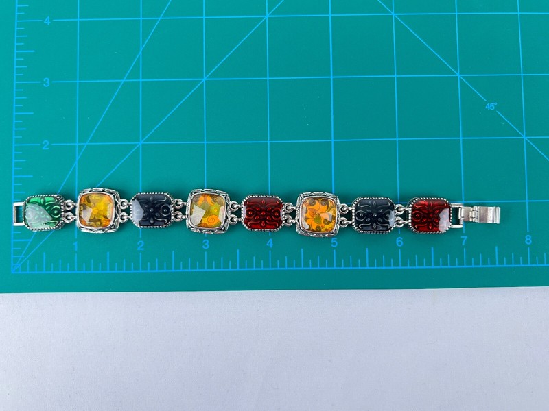 Vintage Liz Claiborne Resin Flower Panel 7" Bracelet Silver tone Fold Over Clasp gallery