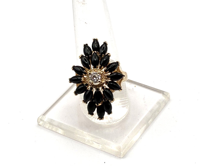 Vintage ONYX & CZ Sterling Vermeil Ring-Sz 8-925+Hallmarks-Marquis Cabochons