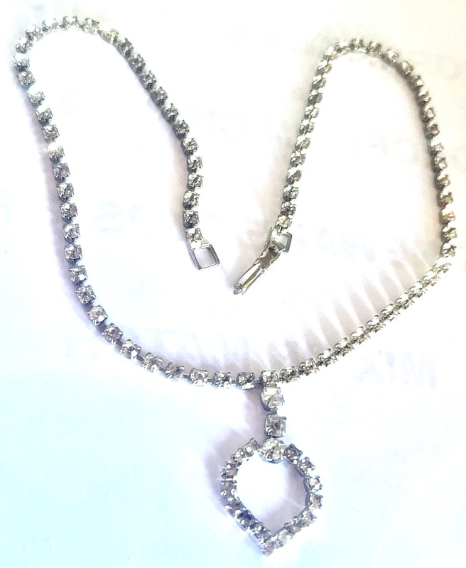 Jewelry Necklace Collar Heart Choker Rhinestone Silver Tone 16” Length VINTAGE gallery