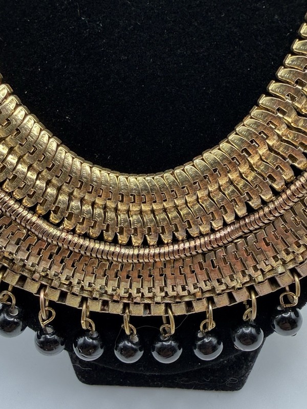 Vintage Bohemian Egyptian Revival Statement Necklace Brass Tone Bib Statement gallery