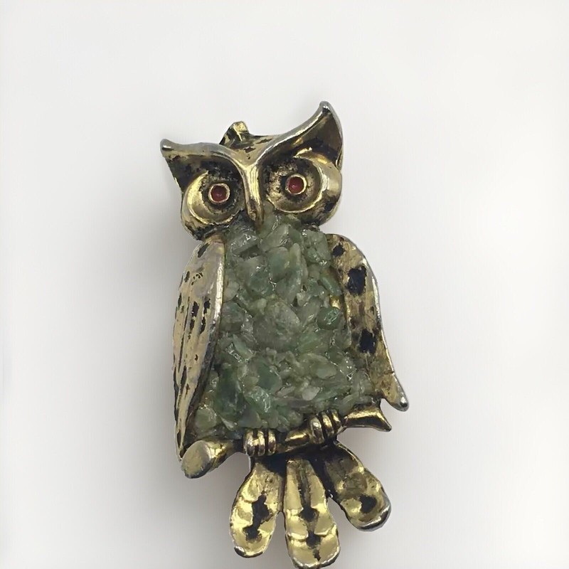Vtg Gold Tone Green Stone Owl Bird Brooch pin Jewelry Accessory Costume Sweet
