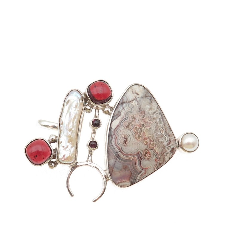 Som’s Sterling Vintage Real Agate Pearl Rhodonite Modernist Pin Brooch / Pendant gallery