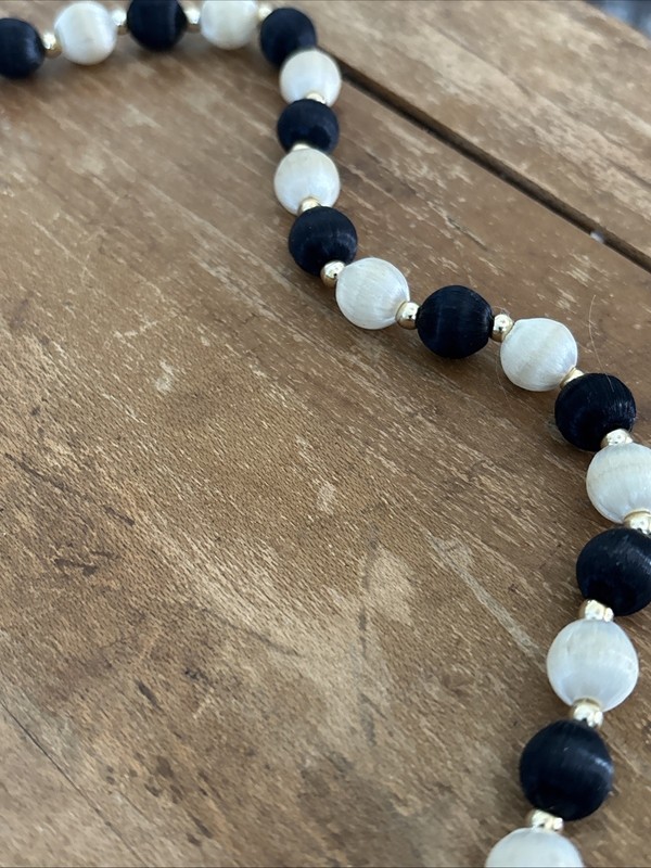 Vintage Satin Thread Bead Necklace Black White Silver Tone Spacers Long Strand gallery