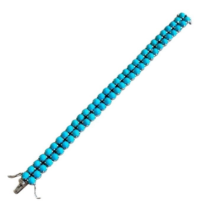 VTG Faux Turquoise Link Tennis Bracelet Glass Cabochon Rhodium Plated 7.25″