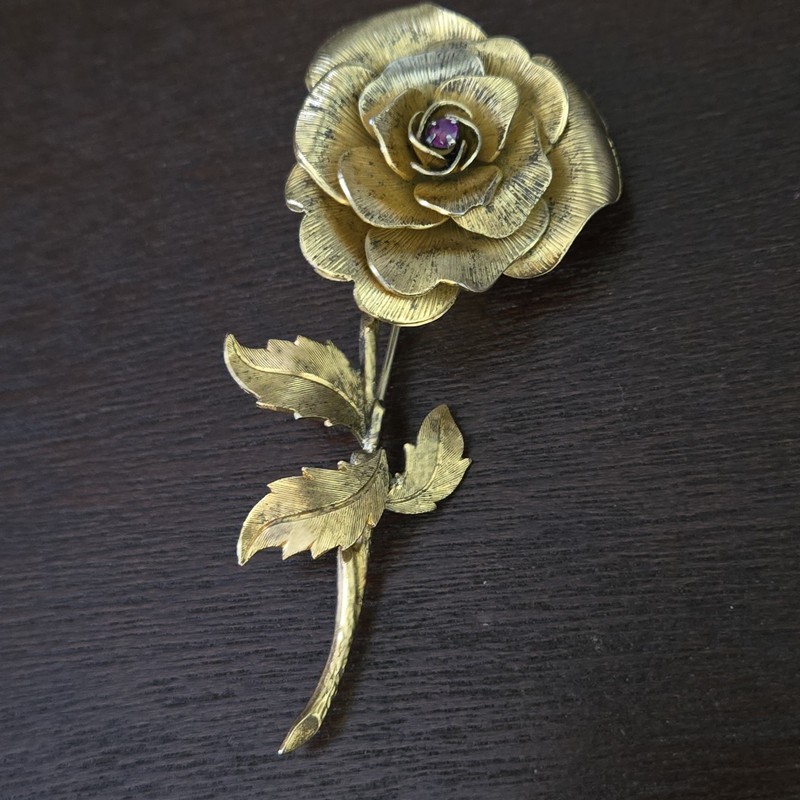 VTG Signed Vendome Sterling Silver Gold Vermeil Rose Brooch Pin Ruby