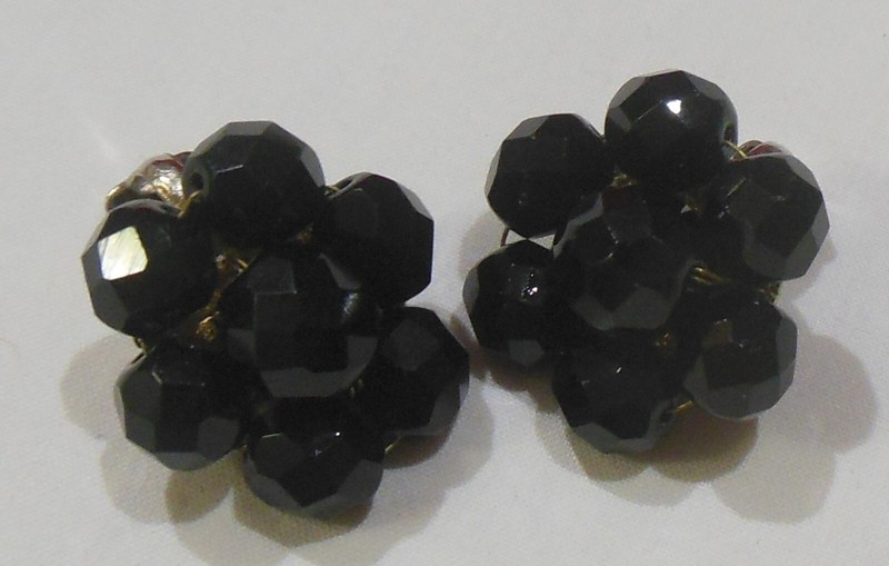 Round Faceted Black Glass Bead Choker Necklace & Clip On Earrings Set gallery