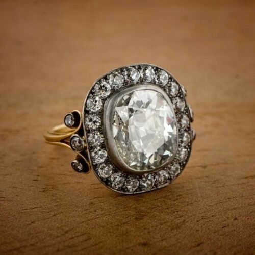 4CT Cushion Lab Created Diamond Antique Halo Vintage Ring 14K Two-Tone Gold Over