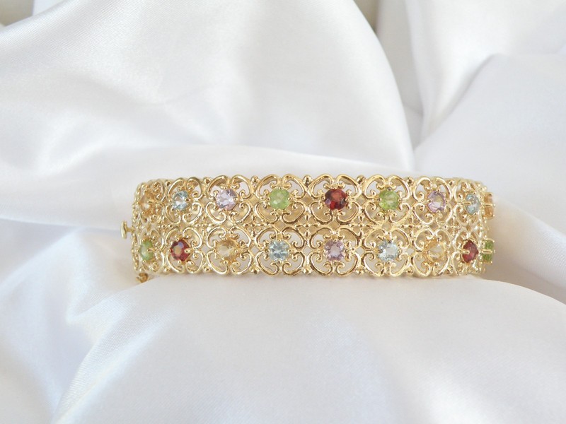 Sterling Silver 925 Gold on Natural Gemstone Statement Bracelet gallery