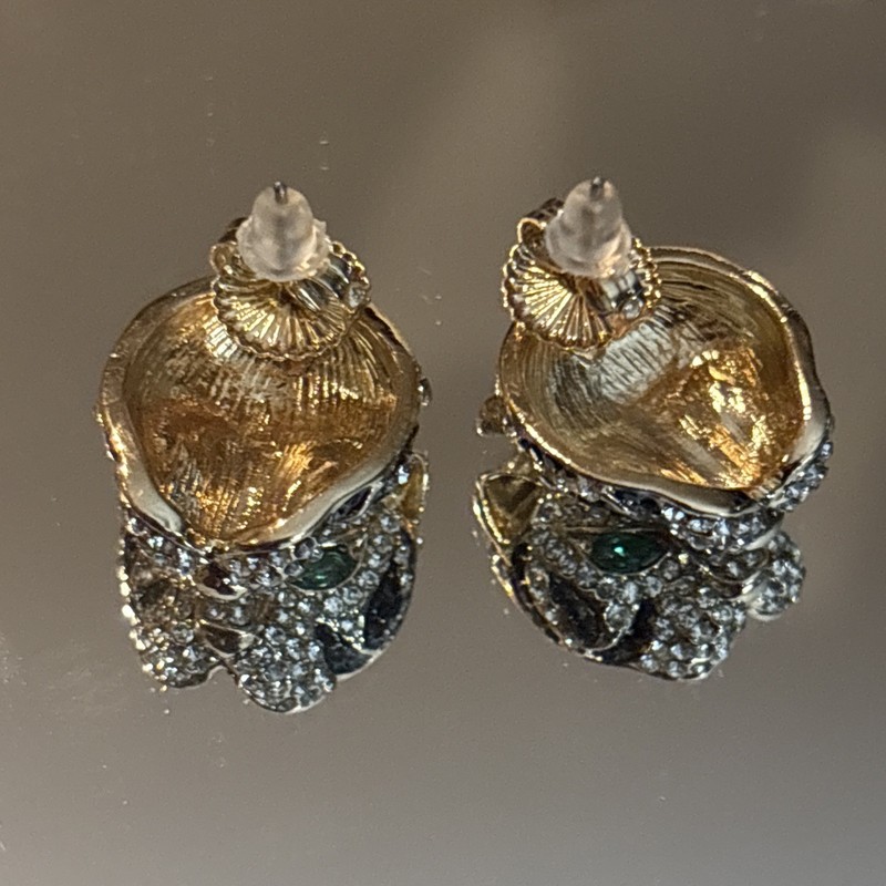 Gold Tone Tiger’s Head Earrings Black & White Rhinestone Green Eyes gallery