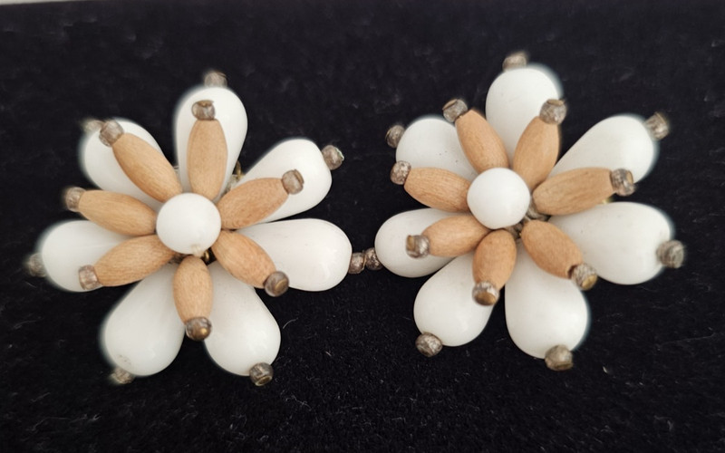 Vintage Unique White Lucite & Wood Beaded Clip-On Earrings