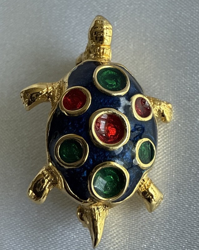 Vintage Turtle Brooch Black Green Red Enamel and Gold Tone Tortoise Pin EUC