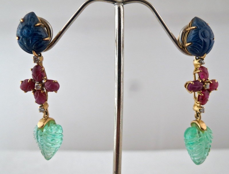 Certified Estate Natural Emerald 10ct Ruby Sapphire Carved Diamond 18k Earrings gallery
