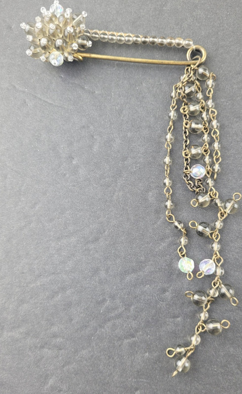 Vintage Large Smokey Gray Beaded Dangle Brooch EXTRA LARGE Safety Pin Clasp