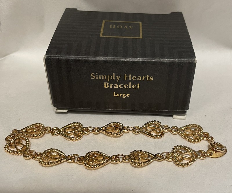 Vintage Avon Simply Hearts Gold Tone Filigree Chain Link Bracelet 7.5” 1995