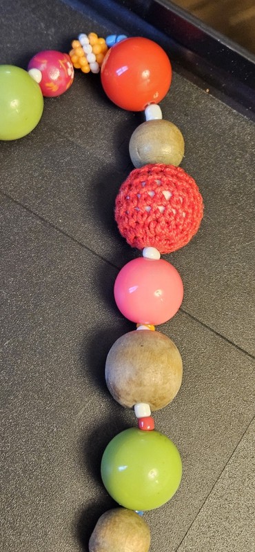 Vintage 1960s Yellow Red Green Pink Knitted Spiked Wood Lucite Bead Necklace F5 gallery