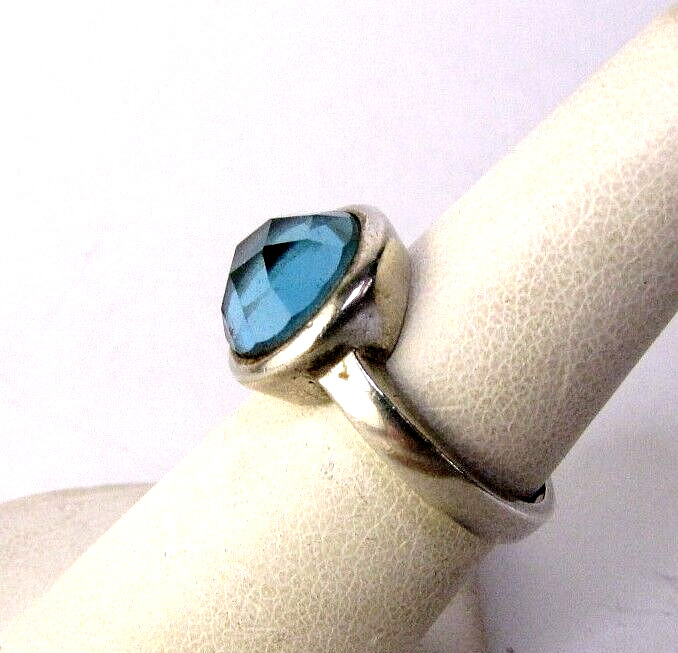 Vintage Ring Faceted Round Blue Glass Solitaire Sterling Silver Size 6 Band gallery