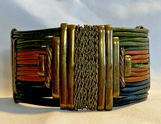 VTG Alexis Kirk 70’s Egyptian Style Tribal Leather & Metal Necklace & Bracelet gallery