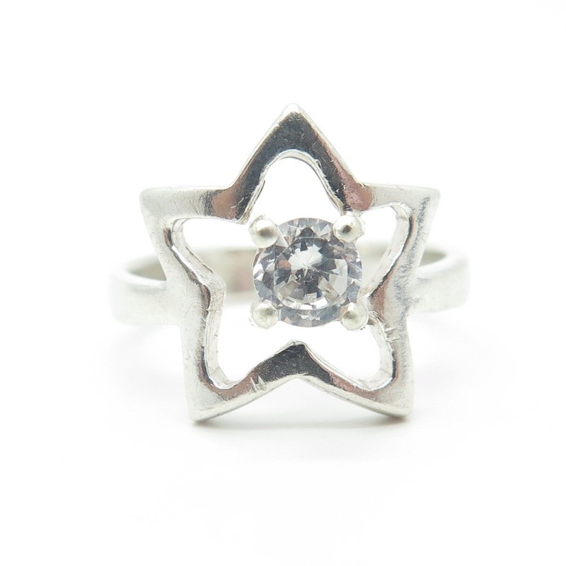 925 Sterling Silver Vintage Single-Cut Round Shaped C Z Star Ring Size 6.75 gallery
