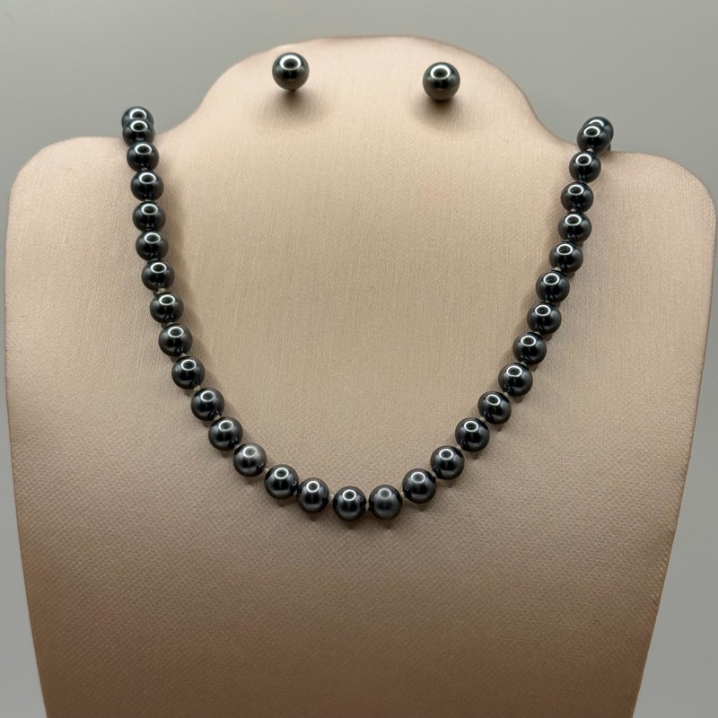 Dark Gray Faux Pearl Necklace Earrings Set Silver Tone Clasp Vintage Style
