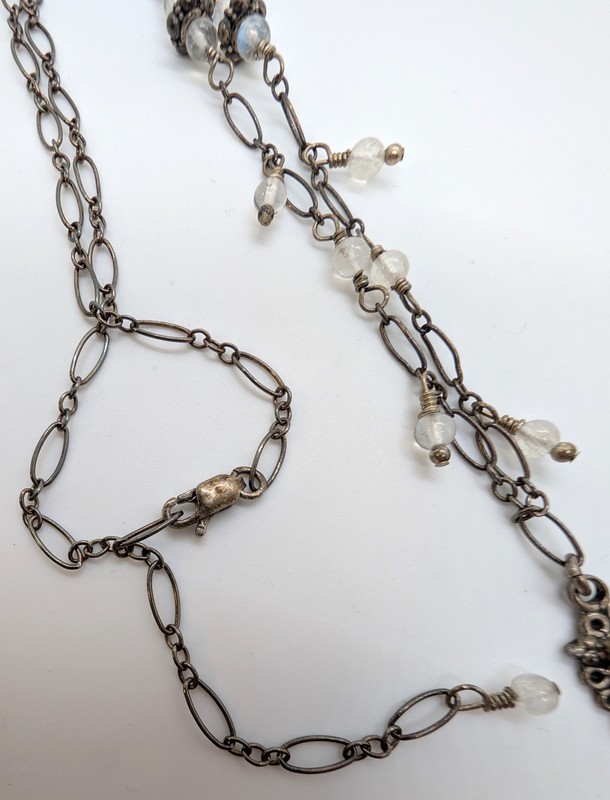 Vintage Sterling Moonstone Unique Chain Lariat Double Dangling Pendant Necklace gallery