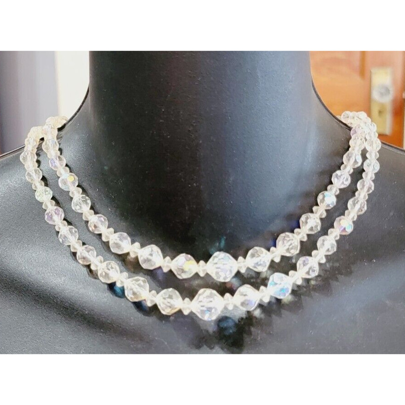 Vintage Glass Necklace, 2 Strands Faceted Graduated Beads Mid-century wh02-10 gallery