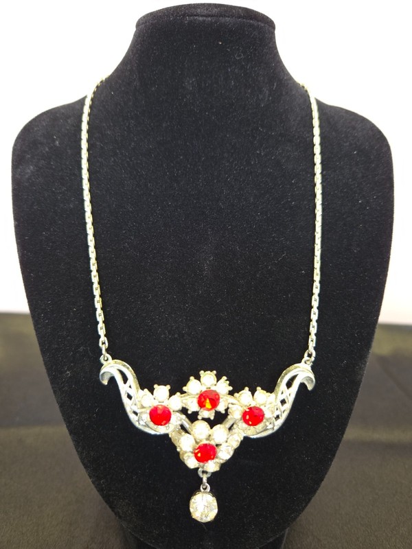 Vintage Style Silver Tone Filigree Necklace with Red Stones – Ornate Statement P