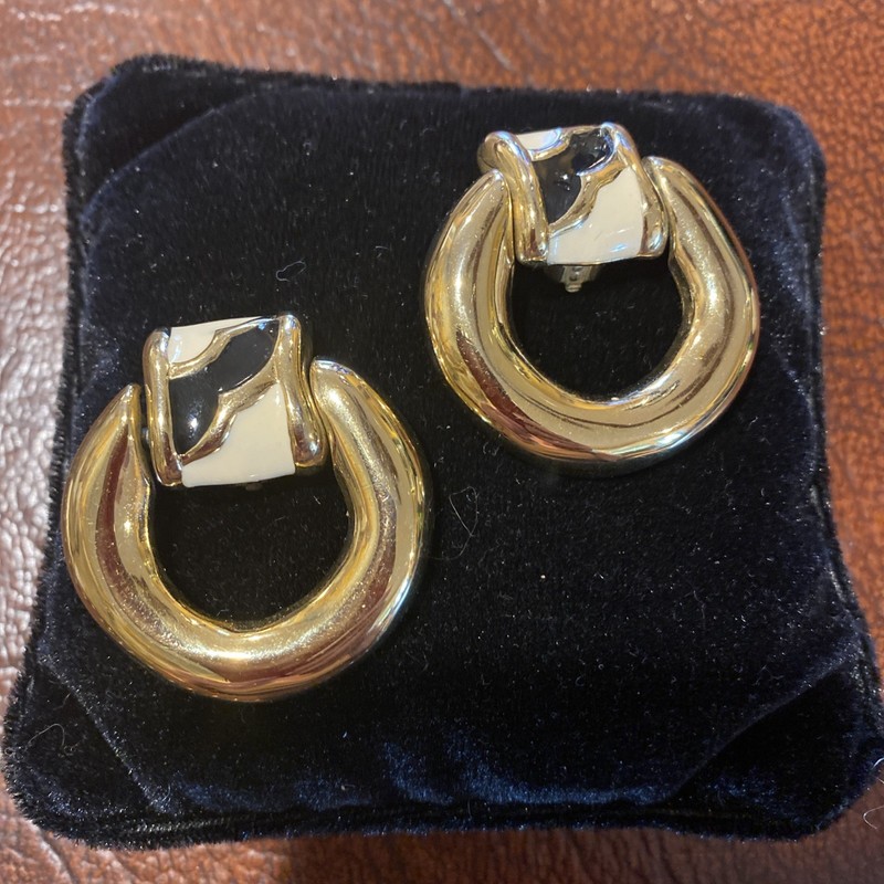 VTG Givenchy Black and Off-white Door Knocker Clip Earrings Gold Tone