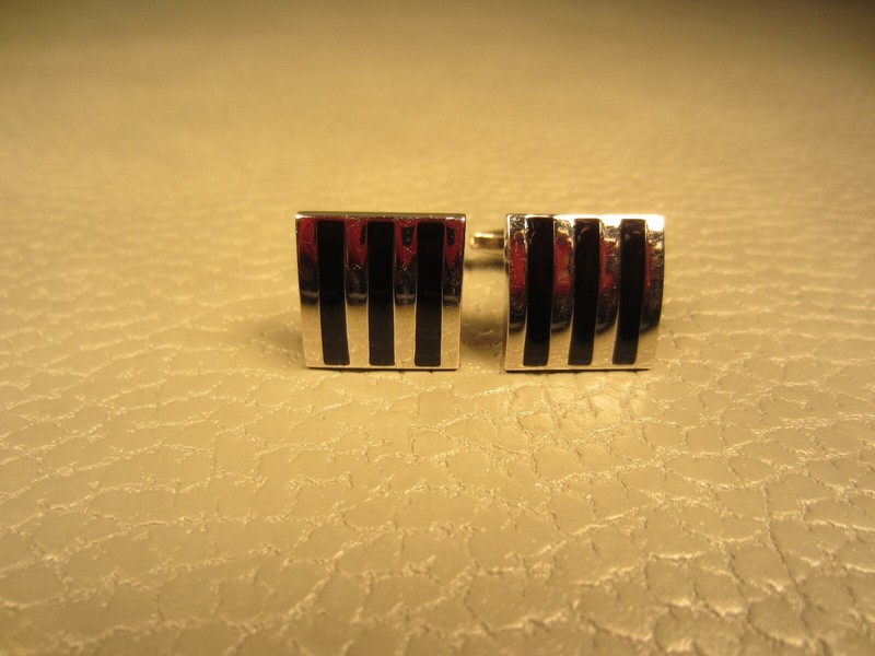 Classic Striped Black Enamel White Gold Plated Cuff Links (Silver Tone) gallery