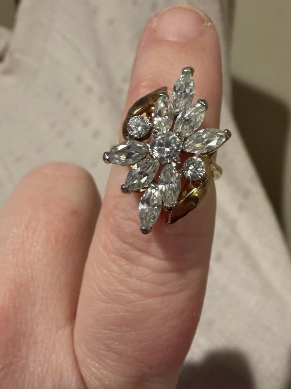 Vintage 14K GE Gold Plated Marquise Cut CZ Cluster Ring Floral Cocktail Size 7